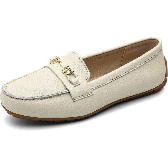 Kordal Women's Beige Leather Gold Accent Buckle Slip-Ons Walking Flats Loafers - Picture 2 of 9